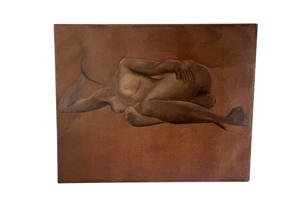Unframed painting of a reclining nude by the French female artist, Fanchon Chinardet.