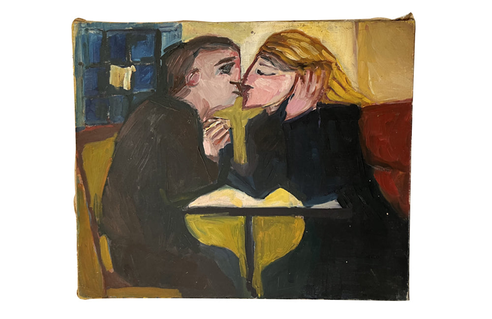 Modernist painting of a French couple in a bistro or cafe.