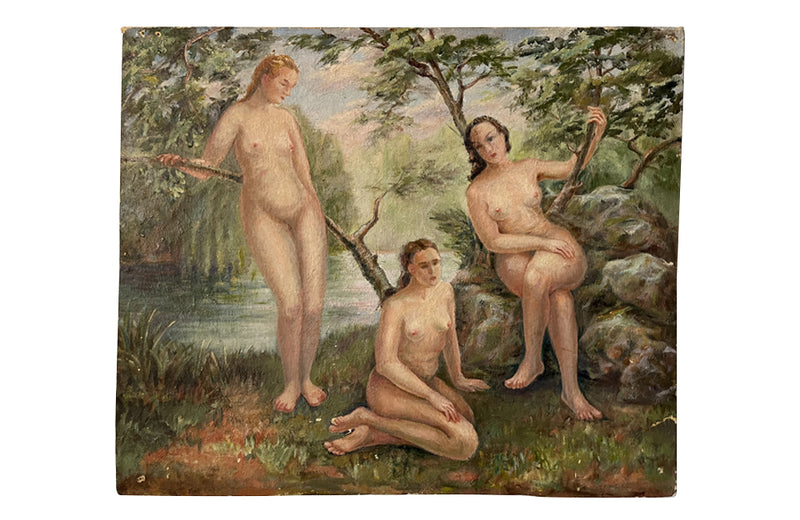 Charming representation of 'The Three Graces' oil on canvas on board painting - French Antiques