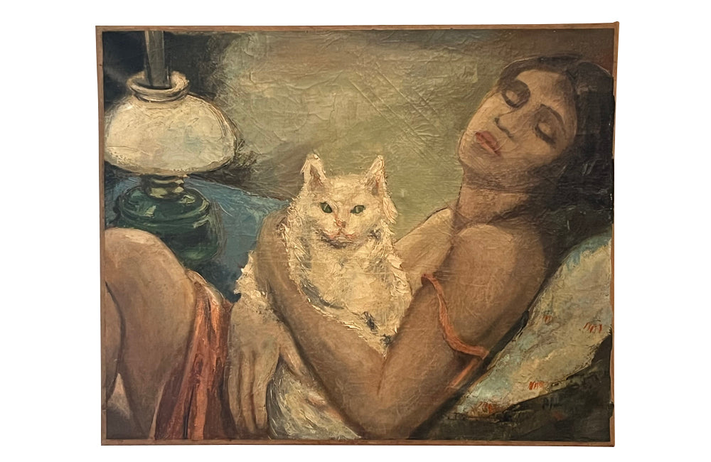 Oil on canvas painting of a reclining female figure with white cat