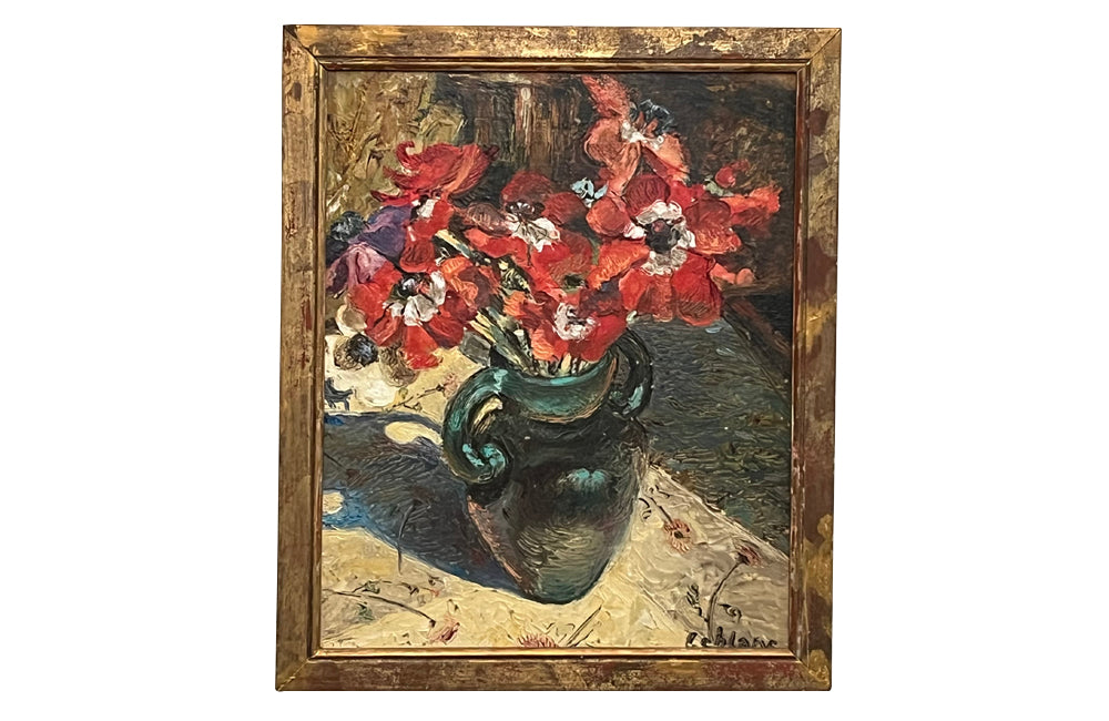 Framed French oil painting of a vase of anemone flowers in a green vase by Leblanc - French Antiques