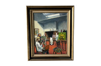 MID CENTURY FRENCH OIL PAINTING 'INTERIOR OF AN ARTISTS STUDIO'