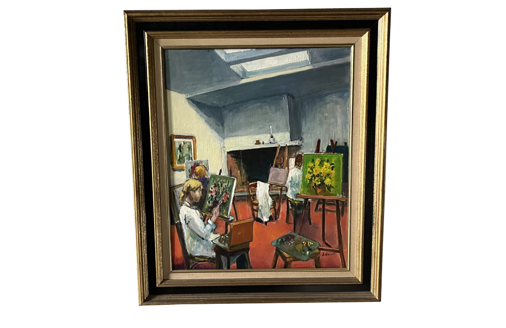 MID CENTURY FRENCH OIL PAINTING 'INTERIOR OF AN ARTISTS STUDIO'