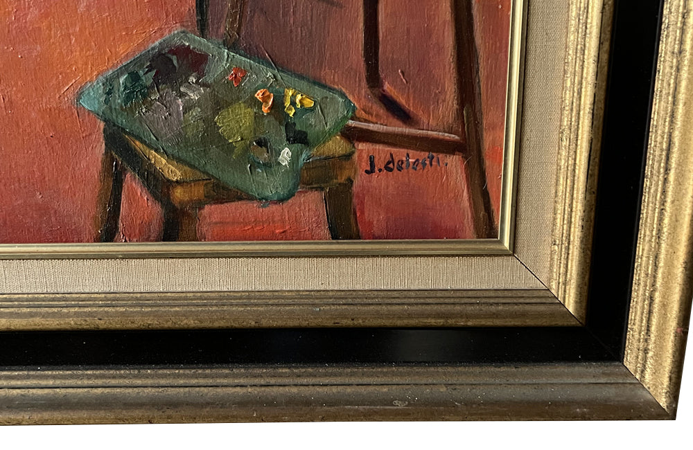 MID CENTURY FRENCH OIL PAINTING 'INTERIOR OF AN ARTISTS STUDIO'