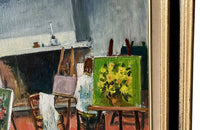 MID CENTURY FRENCH OIL PAINTING 'INTERIOR OF AN ARTISTS STUDIO'