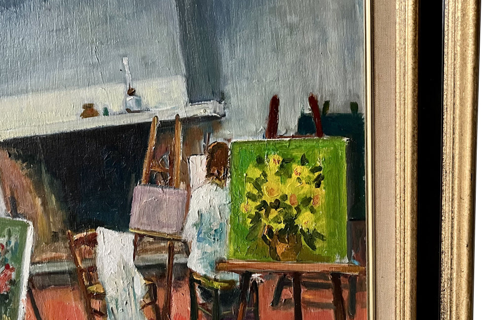 MID CENTURY FRENCH OIL PAINTING 'INTERIOR OF AN ARTISTS STUDIO'