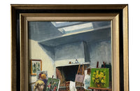 MID CENTURY FRENCH OIL PAINTING 'INTERIOR OF AN ARTISTS STUDIO'