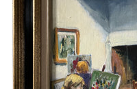 MID CENTURY FRENCH OIL PAINTING 'INTERIOR OF AN ARTISTS STUDIO'