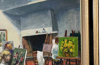 MID CENTURY FRENCH OIL PAINTING 'INTERIOR OF AN ARTISTS STUDIO'