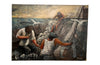 Signed, oil on canvas painting of fisherman hauling in their catch on a fishing trawler by Rual