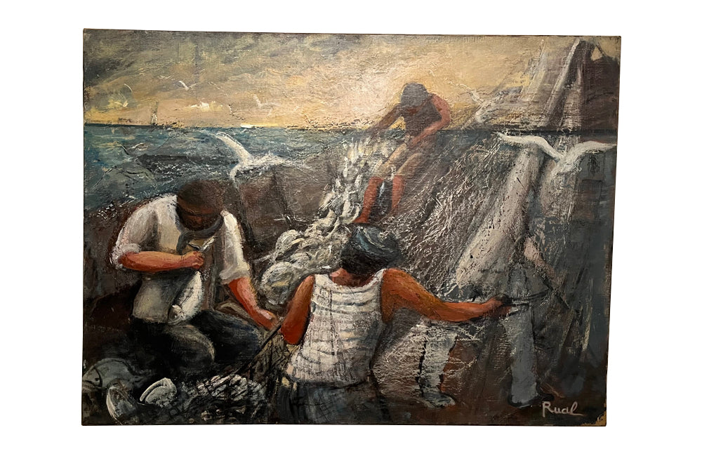 Signed, oil on canvas painting of fisherman hauling in their catch on a fishing trawler by Rual