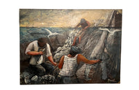 Signed, oil on canvas painting of fisherman hauling in their catch on a fishing trawler by Rual