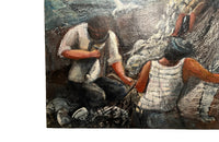 Signed, oil on canvas painting of fisherman hauling in their catch on a fishing trawler by Rual