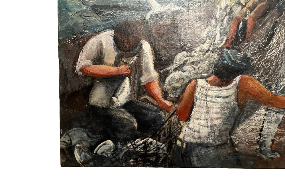 Signed, oil on canvas painting of fisherman hauling in their catch on a fishing trawler by Rual