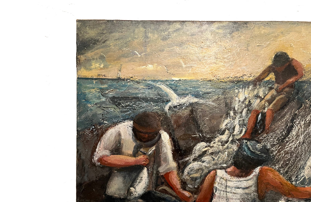 Signed, oil on canvas painting of fisherman hauling in their catch on a fishing trawler by Rual