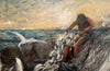 Signed, oil on canvas painting of fisherman hauling in their catch on a fishing trawler by Rual