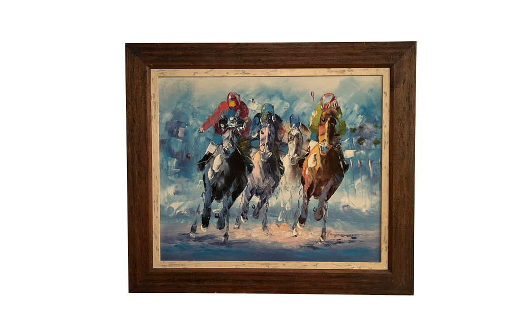 20th Century decorative, palette knife painting on canvas of a horse race.