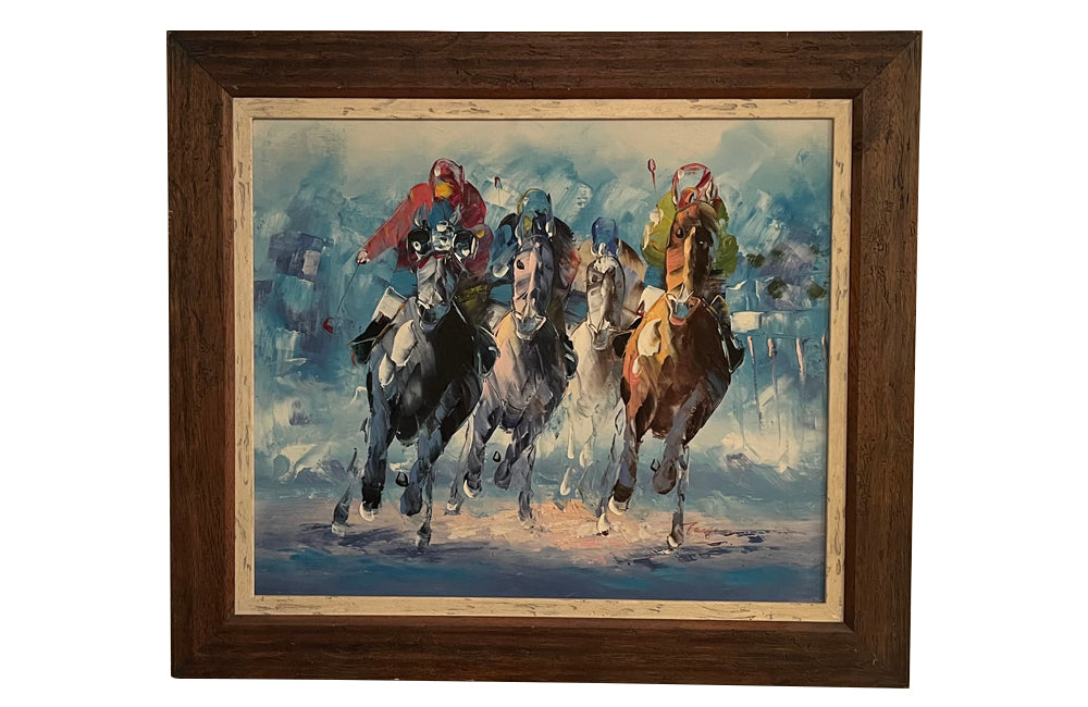 20th Century decorative, palette knife painting on canvas of a horse race.