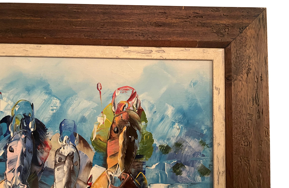 20th Century decorative, palette knife painting on canvas of a horse race.