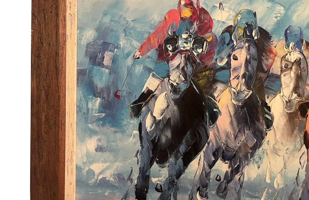 20th Century decorative, palette knife painting on canvas of a horse race.