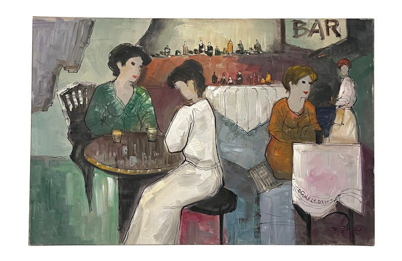 French 20th century oil painting of a bar scene with three female figures sitting with drinks with aproned waiter can be seen to the rear.