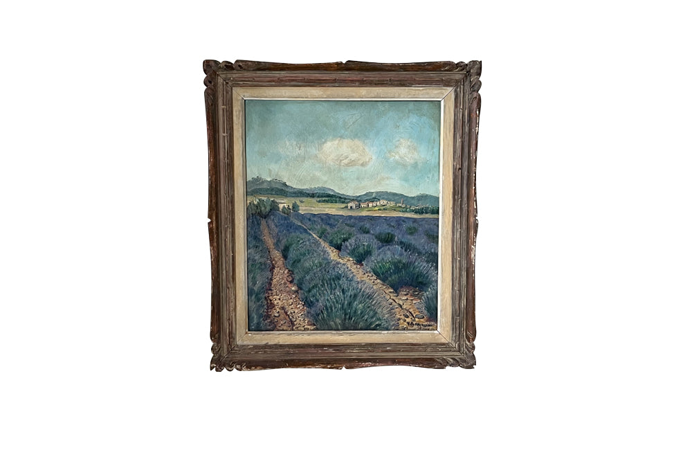 20th Century French Framed Landscape Oil Painting 'Lavender Field, Provence'