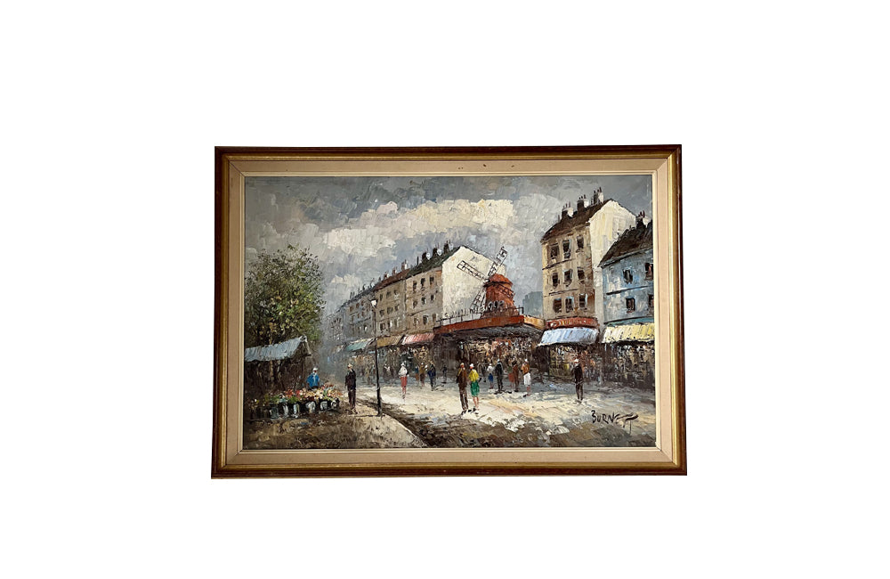 Mid-Century French Framed Painting 'Parisian Street Scene with Moulin Rouge'
