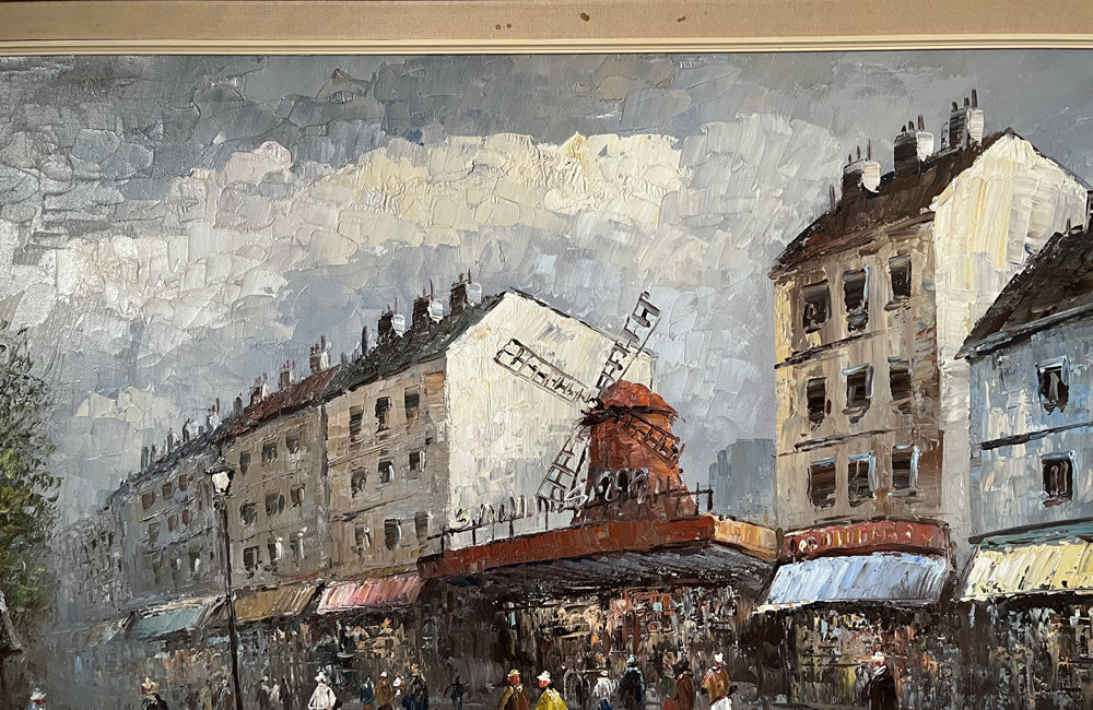 Mid-Century French Framed Painting 'Parisian Street Scene with Moulin Rouge'