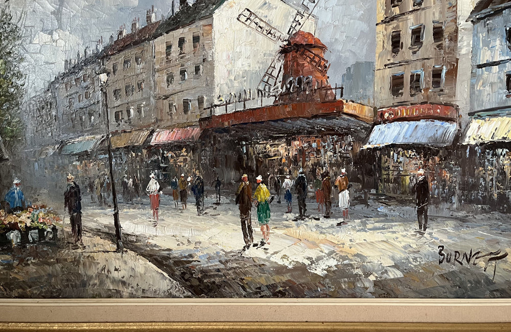 Mid-Century French Framed Painting 'Parisian Street Scene with Moulin Rouge'