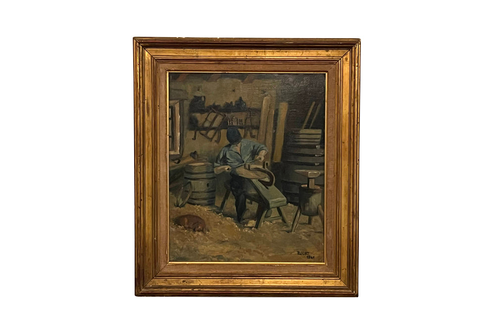 20th Century French Oil Painting of a French Cooper and His Dog