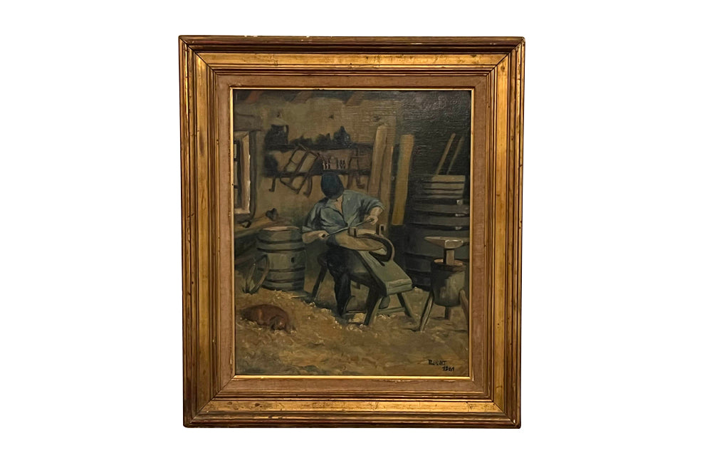 20th Century French Oil Painting of a French Cooper and His Dog