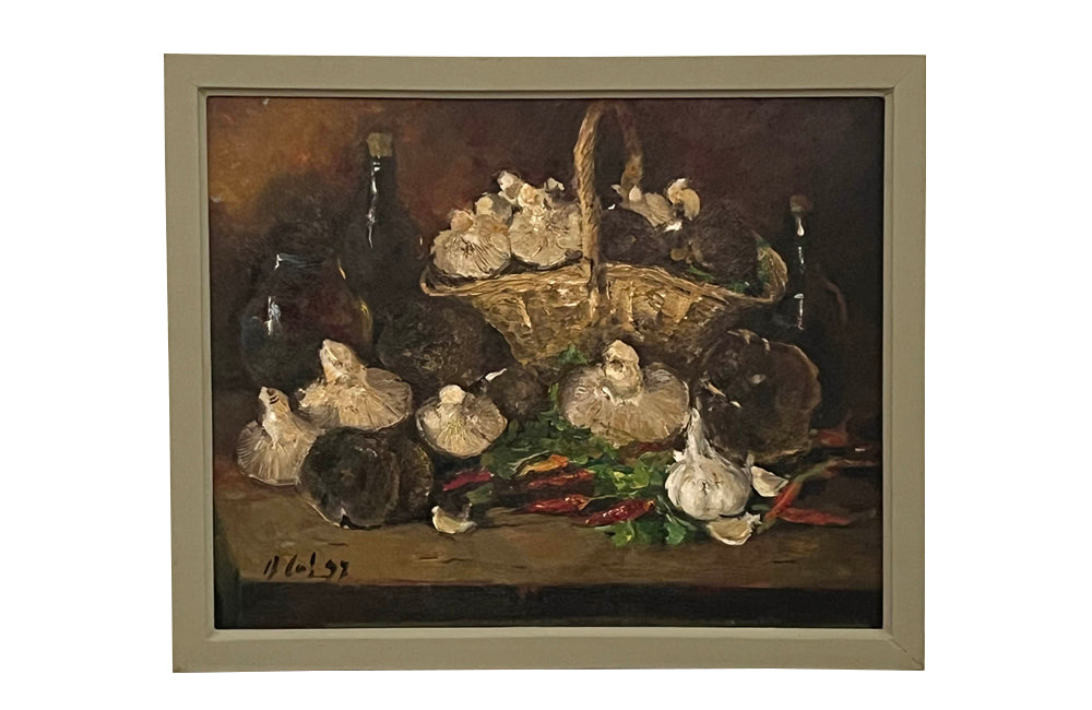 Beautiful French still life oil painting with mushrooms.