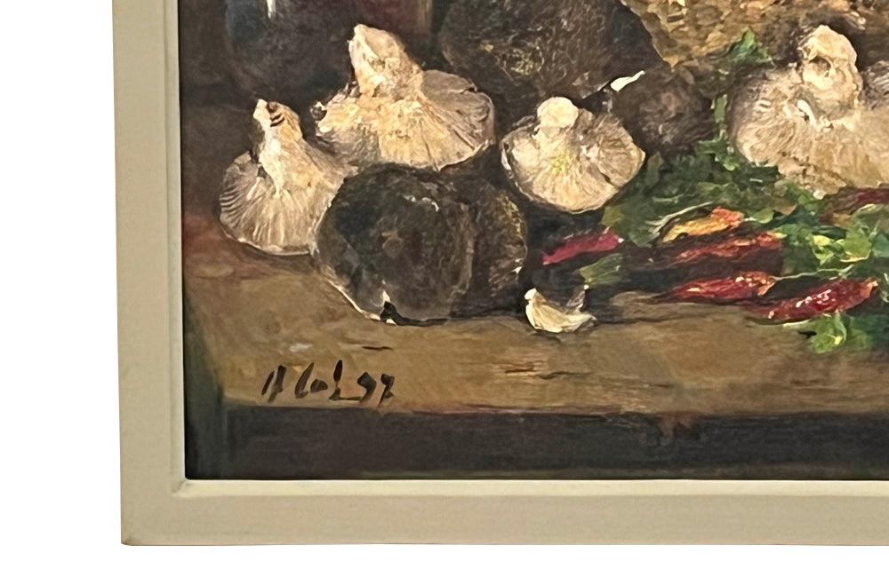 Beautiful French still life oil painting with mushrooms.