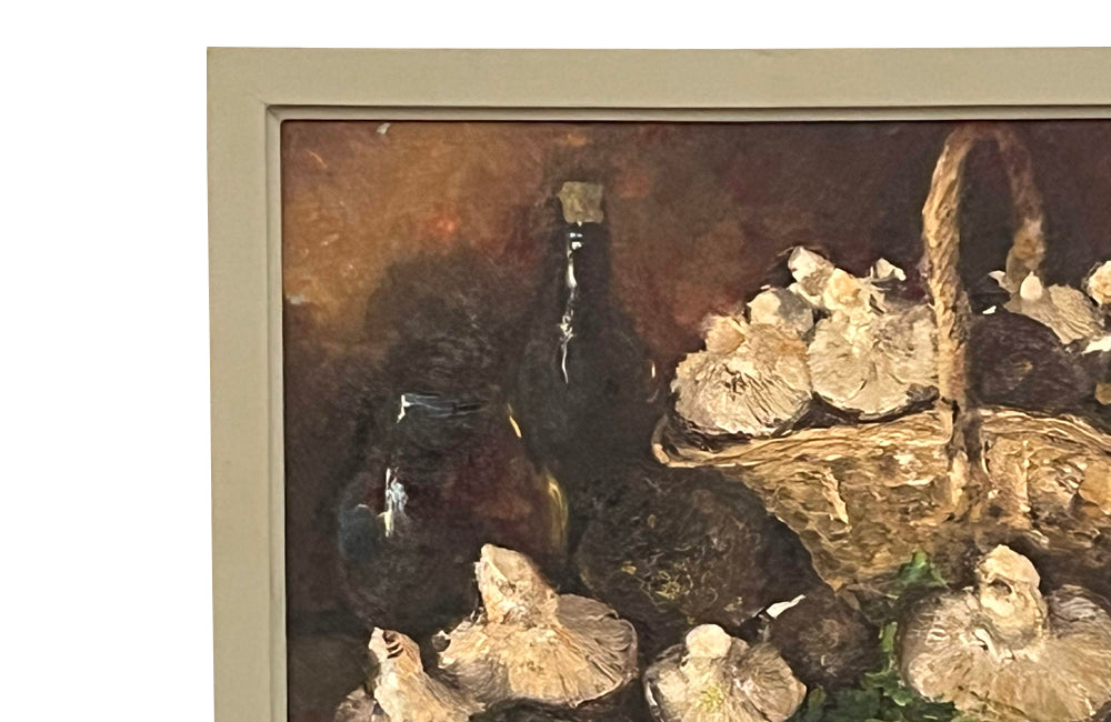 Beautiful French still life oil painting with mushrooms.