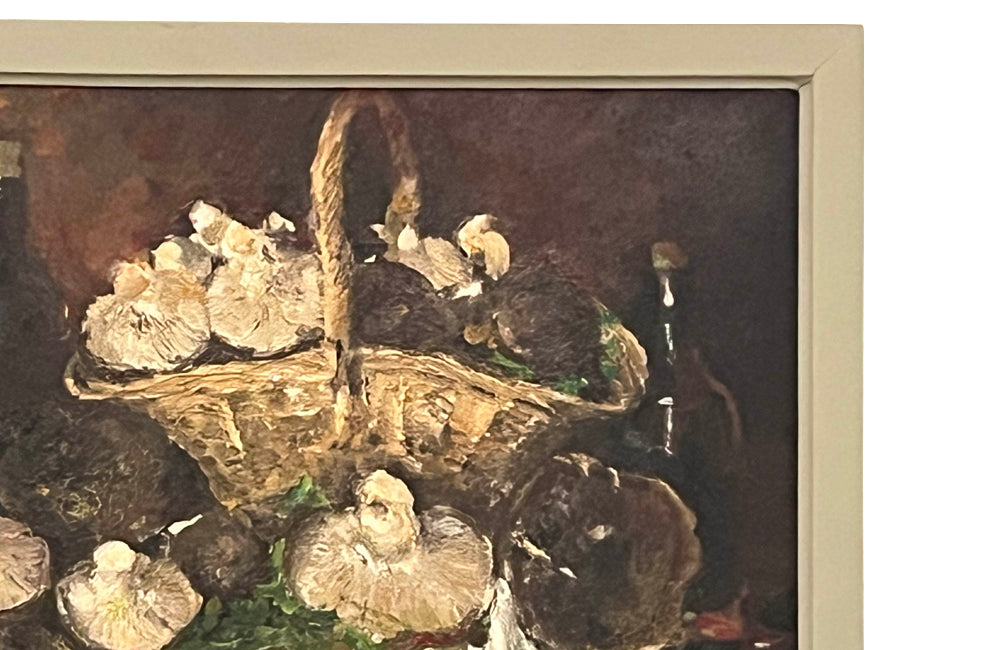Beautiful French still life oil painting with mushrooms.