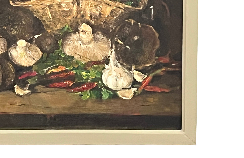 Beautiful French still life oil painting with mushrooms.