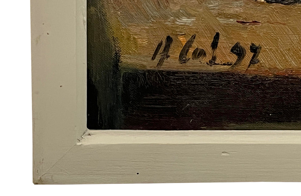 Beautiful French still life oil painting with mushrooms.