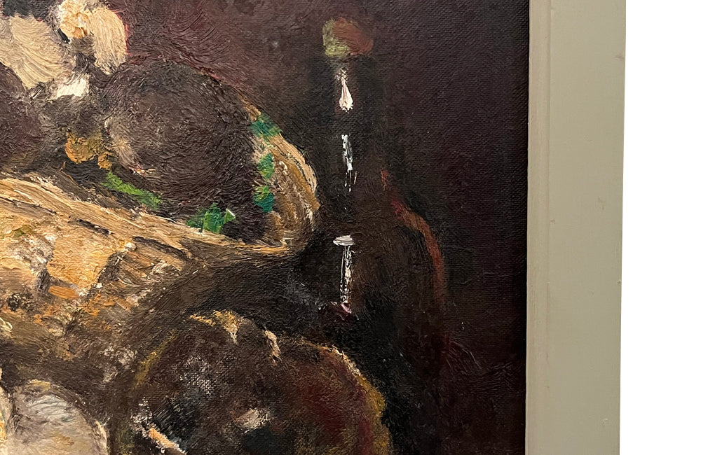 Beautiful French still life oil painting with mushrooms.