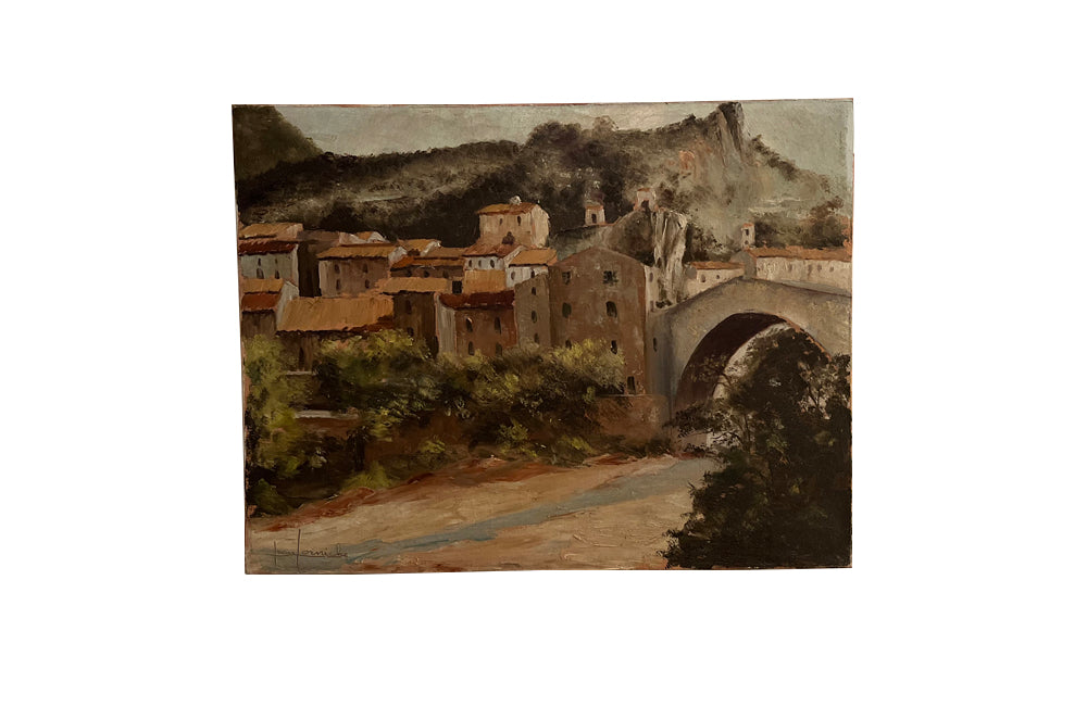 20th Century French Oil on Canvas Painting 'View of the Bridge at Nyons'