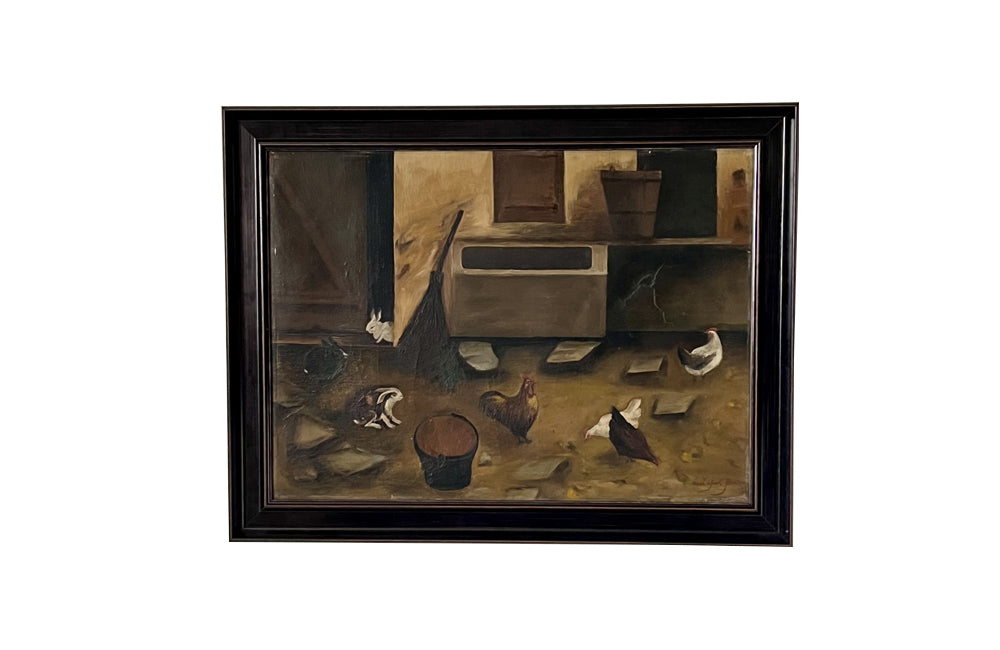 20th Century French Oil on Board Painting 'Farmyard with Chickens and Rabbits'
