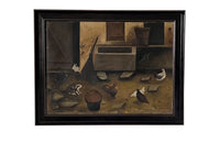 20th Century French Oil on Board Painting 'Farmyard with Chickens and Rabbits'