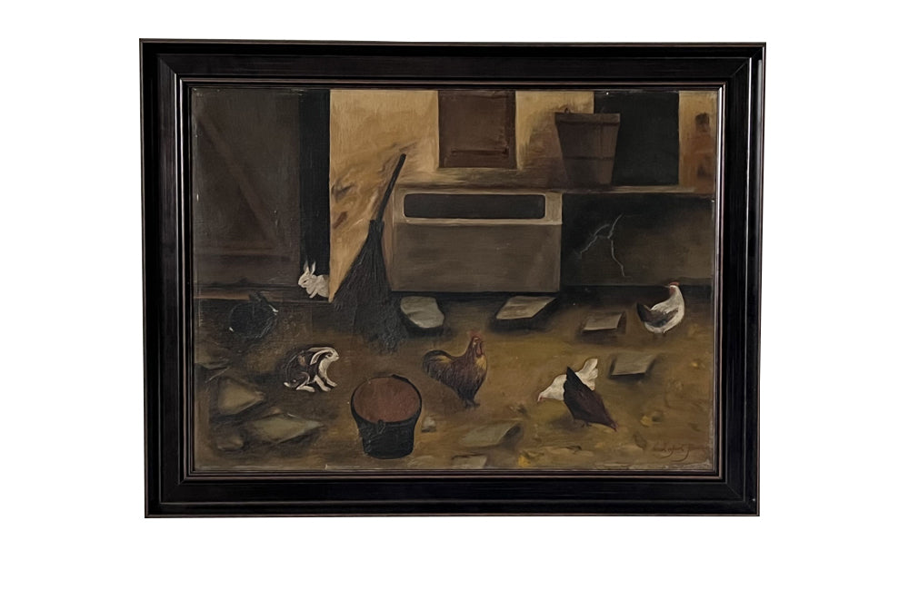 20th Century French Oil on Board Painting 'Farmyard with Chickens and Rabbits'