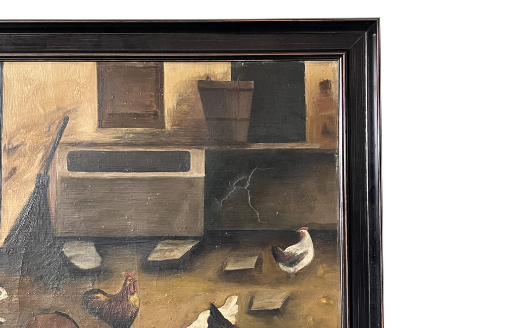 20th Century French Oil on Board Painting 'Farmyard with Chickens and Rabbits'