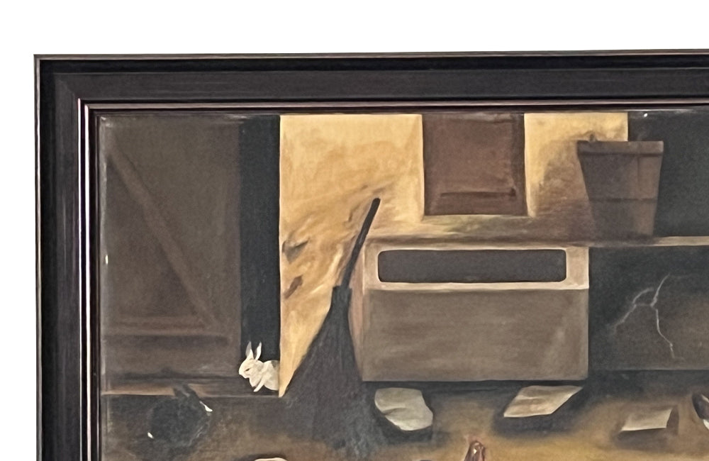 20th Century French Oil on Board Painting 'Farmyard with Chickens and Rabbits'