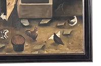 20th Century French Oil on Board Painting 'Farmyard with Chickens and Rabbits'