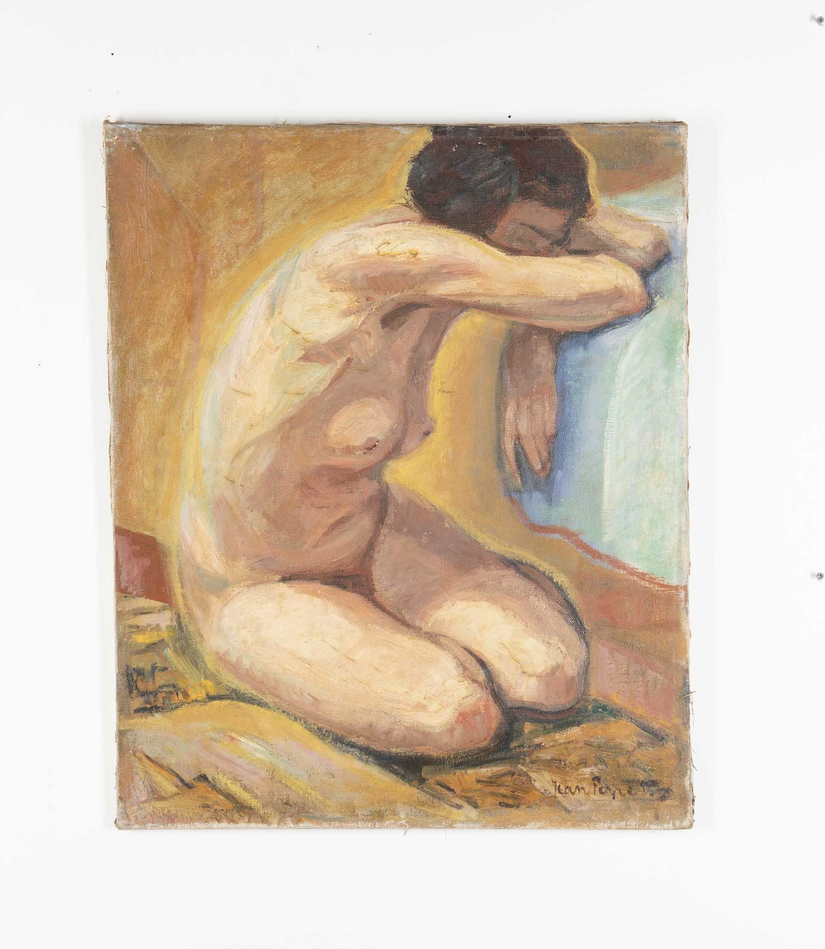 Mid Century oil Painting of a kneeling female nude by Jean Perret