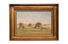 19th century framed, oil on canvas landscape painting of a field with haystacks - French Antiques