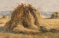 19th century framed, oil on canvas landscape painting of a field with haystacks - French Antiques