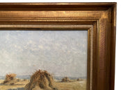 19th century framed, oil on canvas landscape painting of a field with haystacks - French Antiques