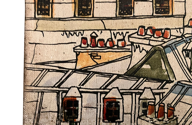 Mid-Century French paint and ink on canvas painting of Montparnasse and the view across to the Eiffel Tower, Paris.